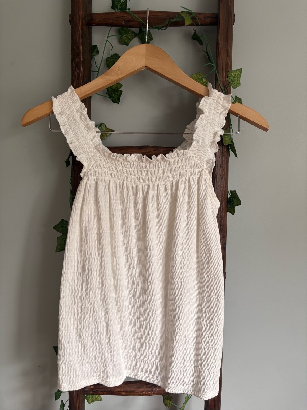 LC Lauren Conrad White Smocked Ruffle Strap Tank